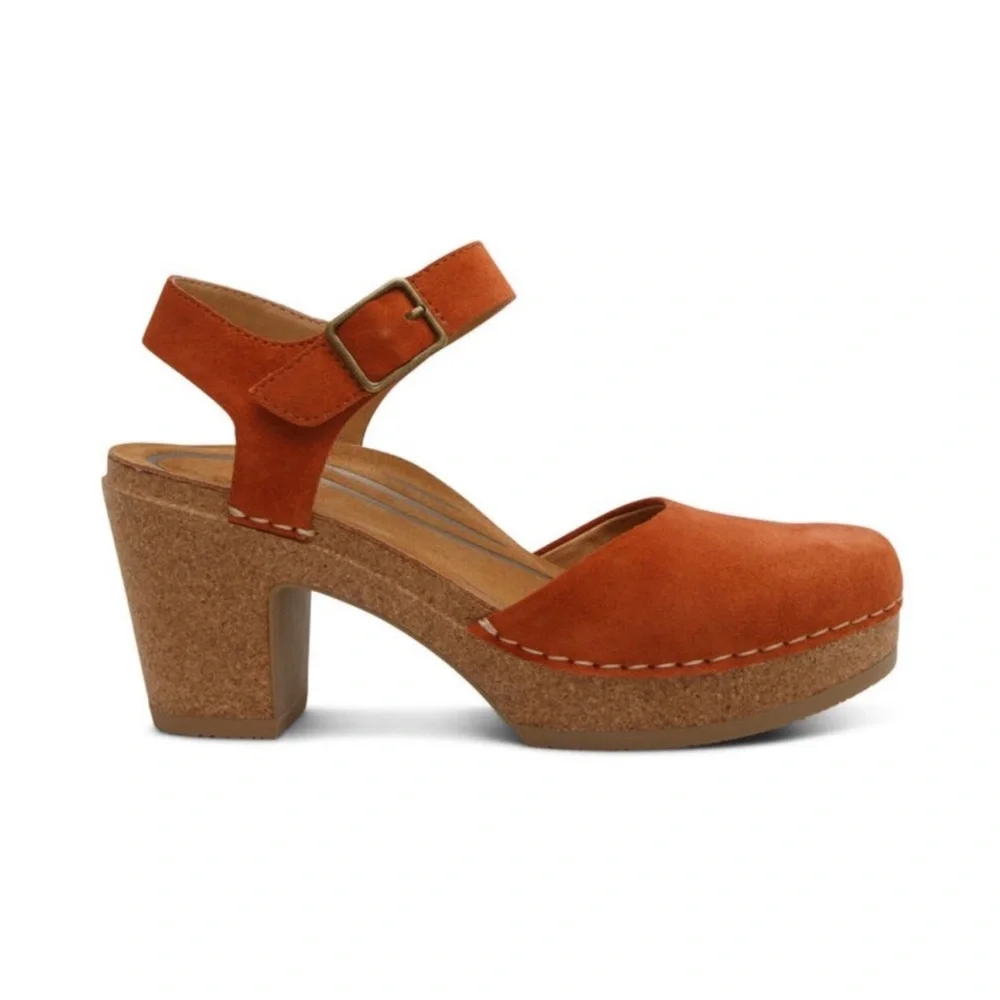 Aetrex Finley Rusty Burnt Orange Suede Leather Ankle-Strap Clog Heels 9 - Picture 13 of 14